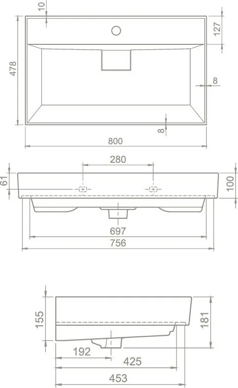 TMP TRIO 80 álló fürdőszobabútor - CeraStyle SHARP - 37300 mosdóval - 80 x 48 cm
