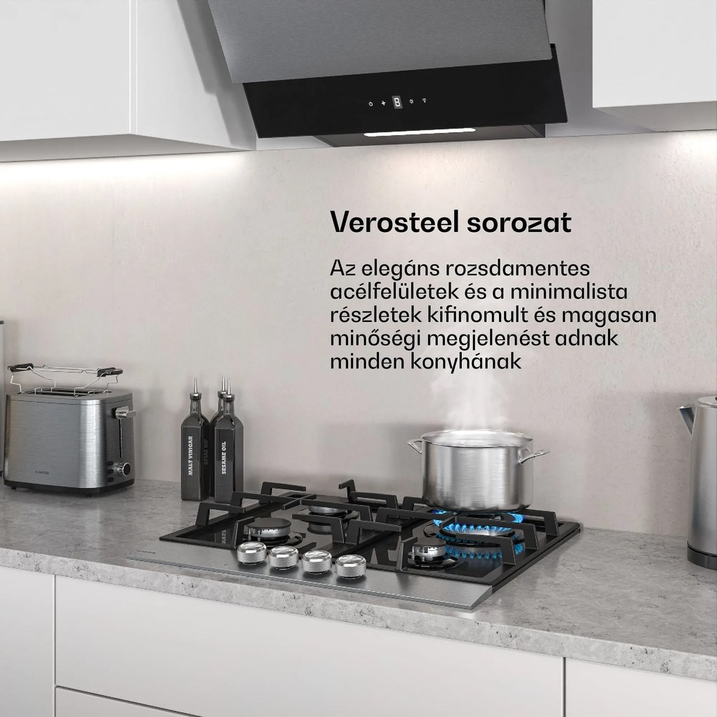 Klarstein Verosteel gázfőzőlap, 4 égős, elektromos gyújtás, földgázzal és LPG-vel kompatibilis, 8000 W, 60cm