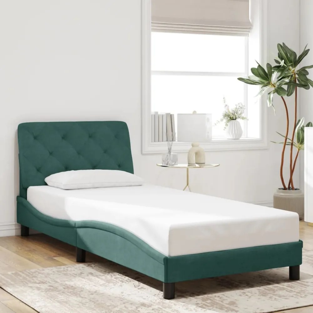 sötétzöld bársony ágykeret LED-világítással 90 x 200 cm