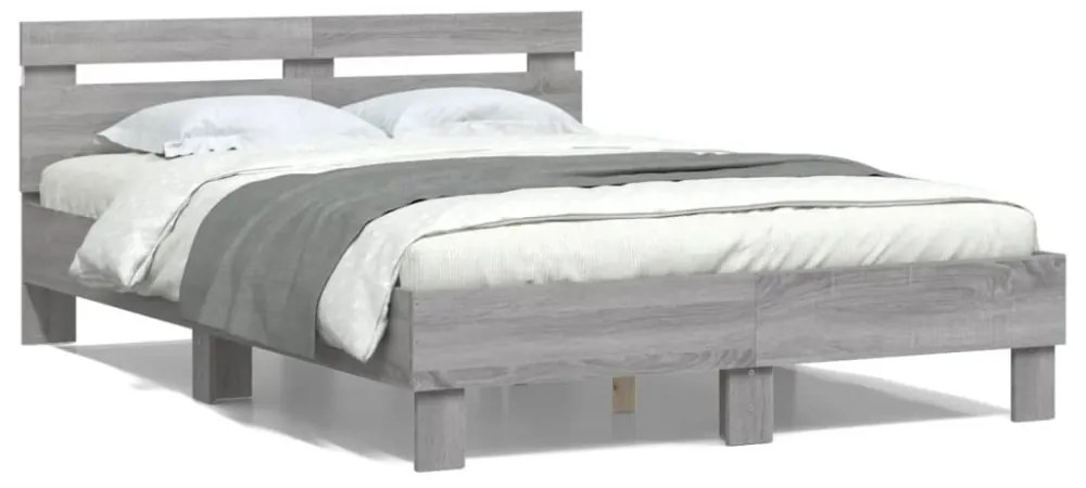 szürke sonoma színű ágykeret fejtámlával és LED-del 135x190 cm