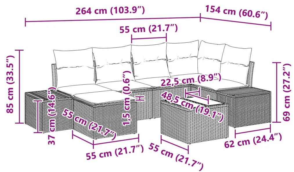 Kerti Kanapé Szett 7 pcs Fekete és krémszínű Poli rattan