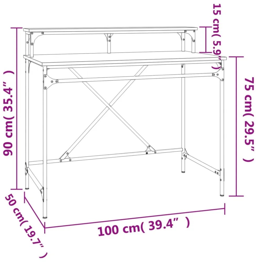 füstös tölgy színű szerelt fa és vas íróasztal 100 x 50 x 90 cm