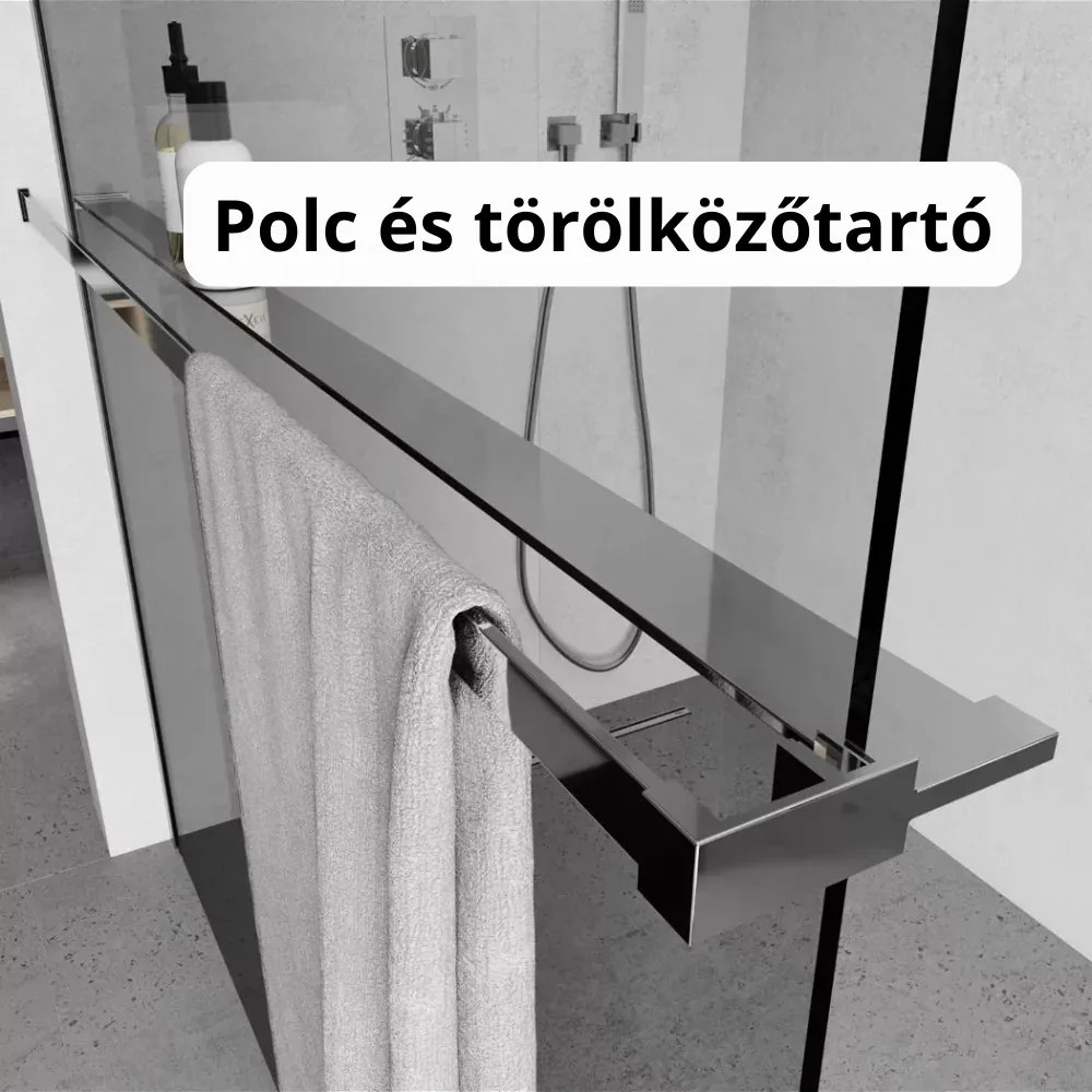 Stuxi Milano Plus Walk-in zuhanyfal, 90x200 cm, 8 mm vastag vízlepergető biztonsági üveggel, króm profillal, távtartóval, polccal és törölközőtartóval