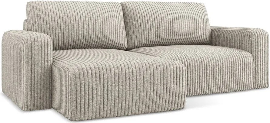 Bézs kordbársony kinyitható-tárolóhelyes sarokkanapé (bal oldali-heverő résszel) Kona – Makamii