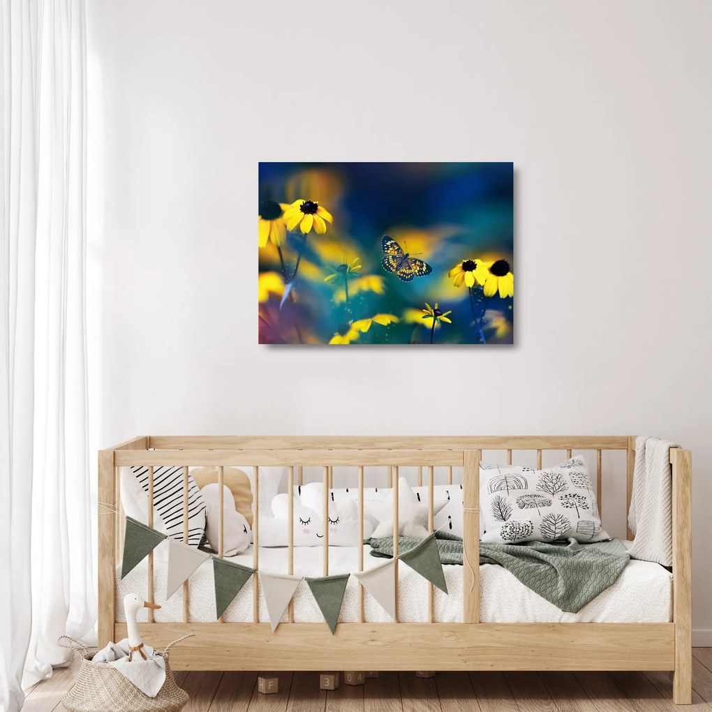 Kép - Sárga pillangó virággal (üvegen) (70x50 cm)