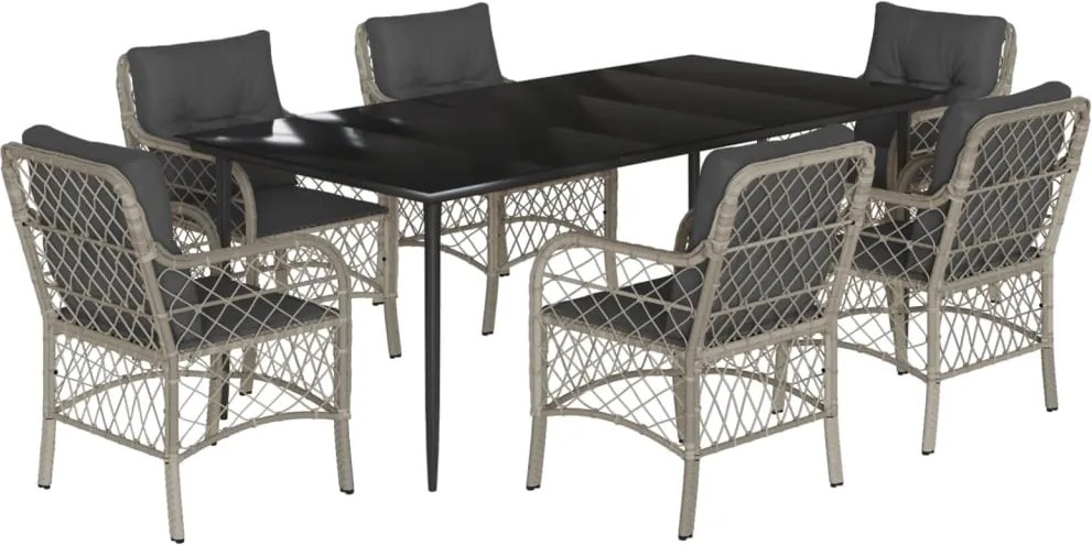 vidaXL 7 részes világosszürke polyrattan kerti étkezőszett párnával