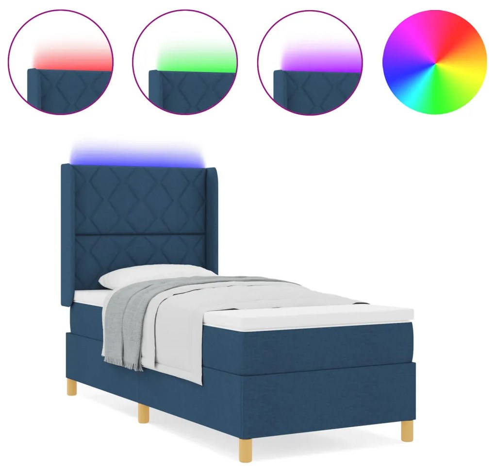 Boxspring Ágy Mattal és LED Kék 90x200 cm Szövet