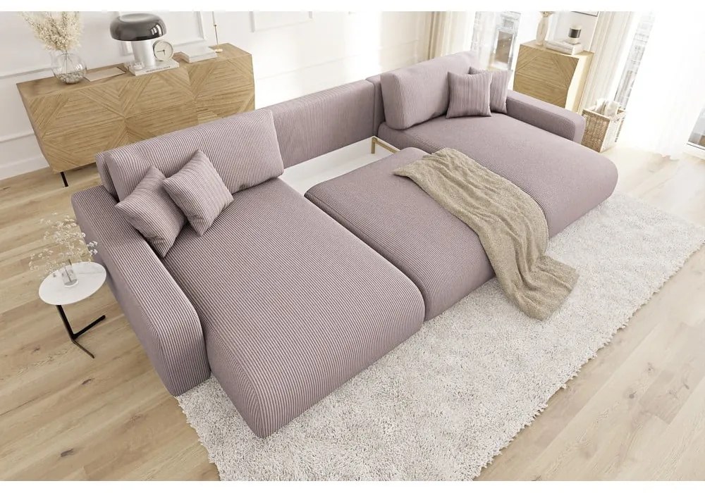 Világos rózsaszín kordbársony kinyitható tárolóhelyes sarokkanapé Sara – Ropez