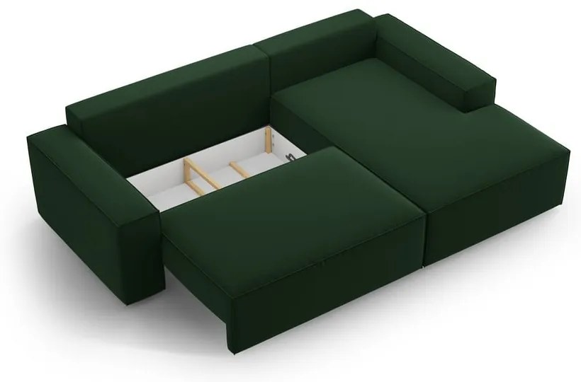 Sötétzöld bársony kinyitható-tárolóhelyes sarokkanapé (jobb oldali-heverő résszel) Jodie – Micadoni