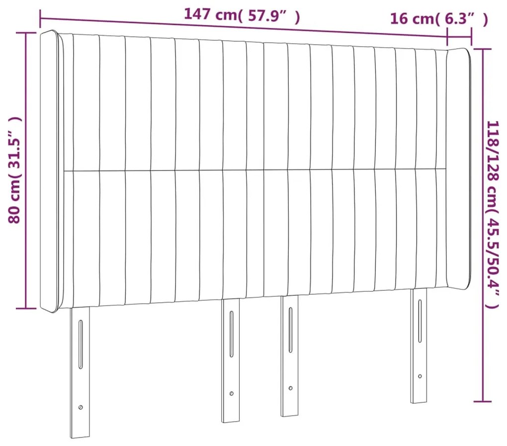 világosszürke bársony LED-es fejtámla 147x16x118/128 cm