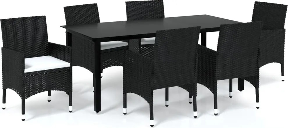 vidaXL 7 részes fekete polyrattan kerti étkezőgarnitúra párnákkal
