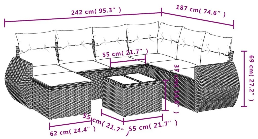 8-részes világosszürke polyrattan kerti ülőgarnitúra párnával