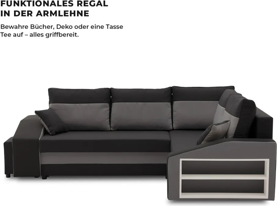 Grande sarokkanapé polcokkal és puffokkal , polc a jobb karfaban puffok a bal karfaban, jobboldali, szövet anyag, hab töltet, fekete - szürke
