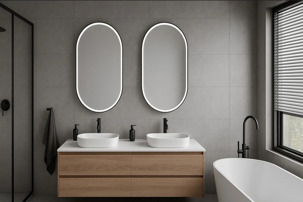 Erga Gwen, ovális LED tükör 50x90cm fekete fém keretben, 3 világos szín, elülső világítás, páramentes fűtőpárna, ERG-V01-GWEN-5090-BK