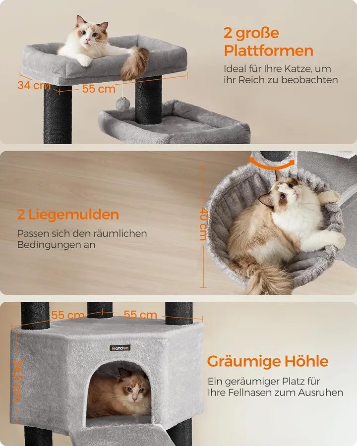 Nagy, Többszintes Macskabútor XXL 55 x 55 x 186,7 cm, szürke, fekete