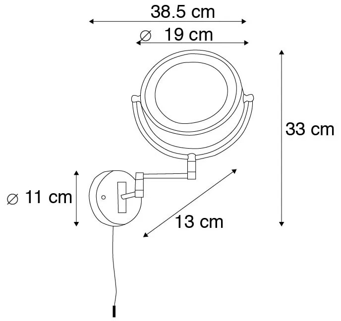 Design fali tükör fekete, beépített LED-del, állítható, IP44, húzózsinórral - Vicino