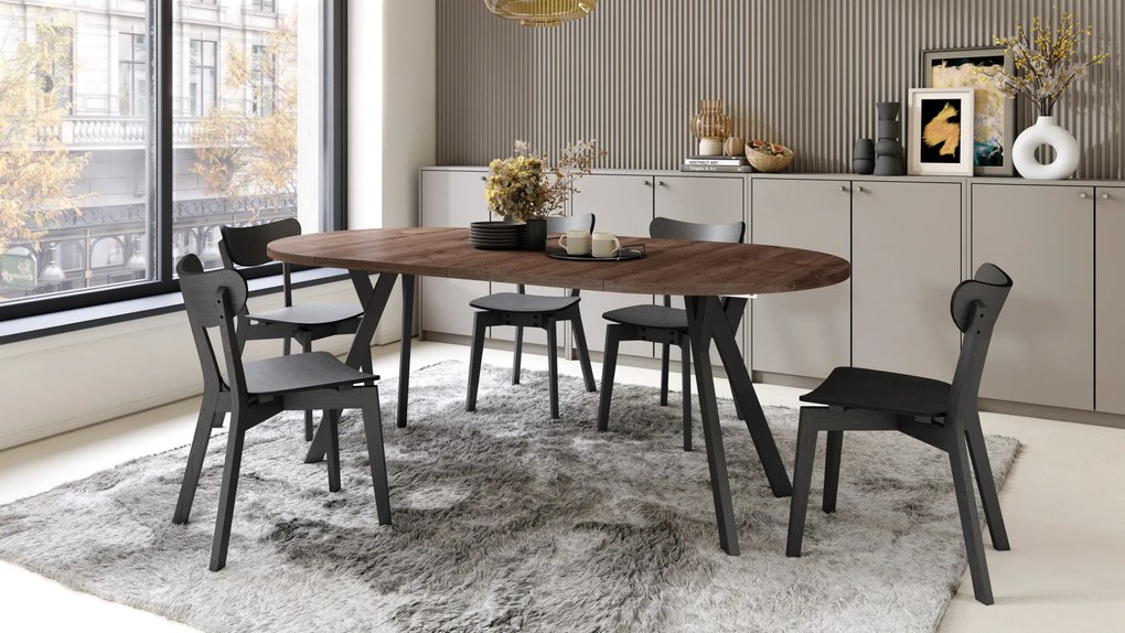 Mazzoni ALMO Barna tölgy/fekete lábak - BŐVÍTHETŐ KEREK ASZTAL Y ALAKÚ LÁBAKKAL LOFT/IPARI STÍLUSÚ NAPPALIBA/ÉTKEZŐBE