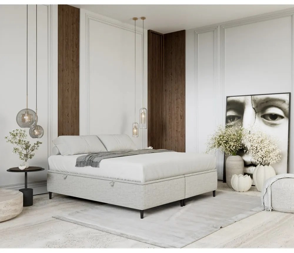 Világosszürke kárpitozott ágyneműtartós franciaágy 140x200 cm Tate – Maison de Rêve