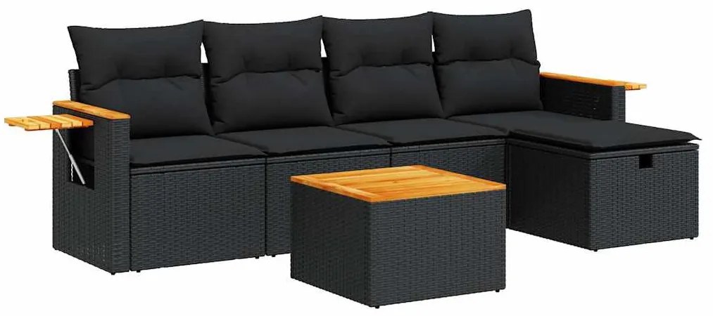 6 részes fekete polyrattan kerti ülőgarnitúra párnákkal