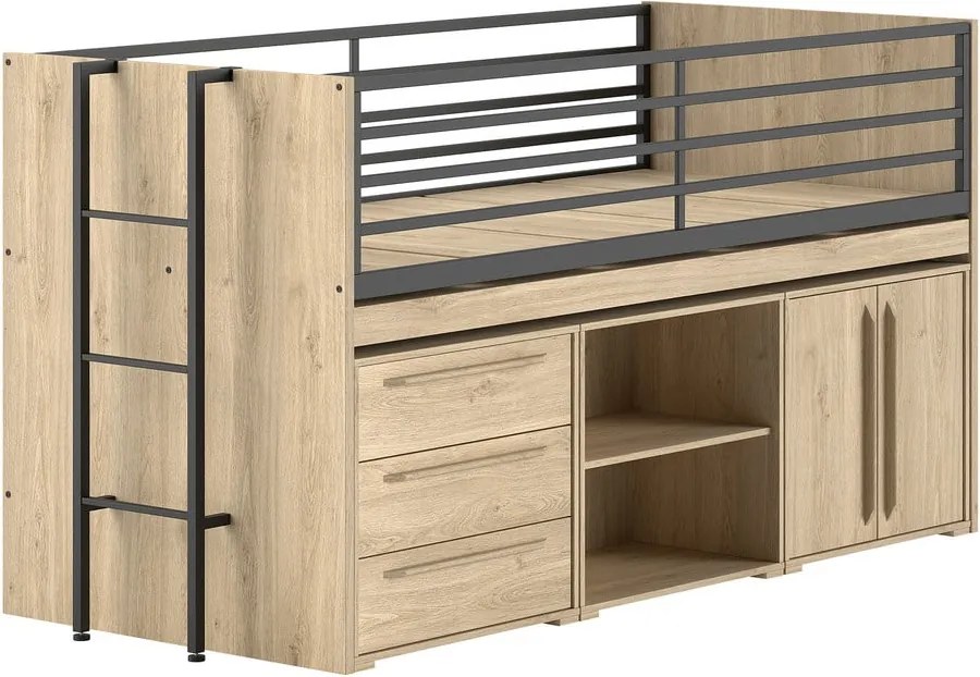 Natúr színű ágyneműtartós galéria gyerekágy íróasztallal, ágyráccsal 90x200 cm Sam – Vipack