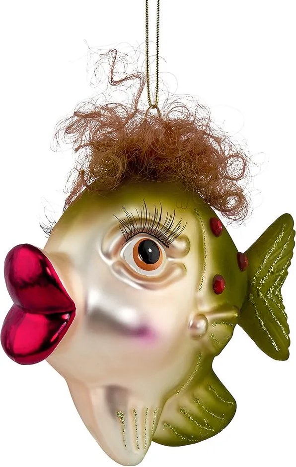 HANG ON üveg karácsonyfa dísz, hal göndör hajjal