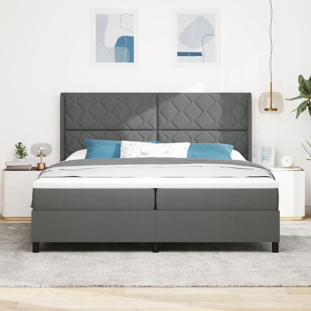 Boksz Rugóágy Matraccal és LED-del Sötétszürke színben, 200x200 cm Kárpit