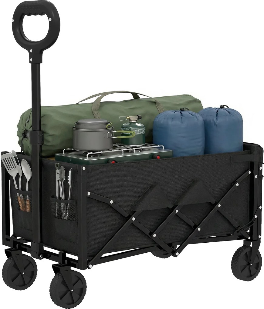 Outsunny 80 L összecsukható kézikocsi teleszkópos fogantyúval, platóval és pohártartókkal — 150 kg teherbírás, fekete | Aosom