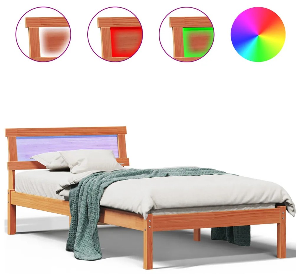 Ágykeret Fejvéggel és LED-dal - Wax Barna, 100 x 200 cm, Tömbfenyő.