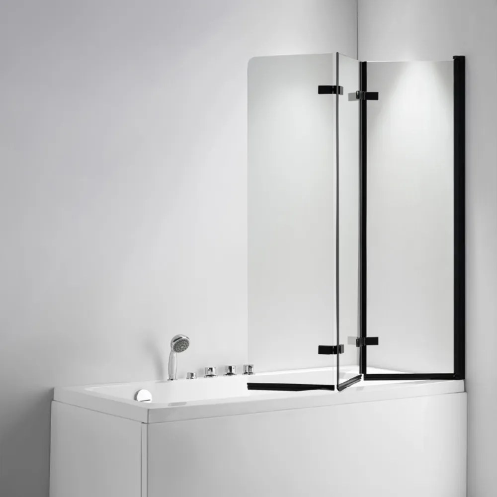Stuxi Ravenna Black 120x140 összecsukható 3 szárnyú kádparaván 6 mm vastag vízlepergető biztonsági üveggel, fekete elemekkel