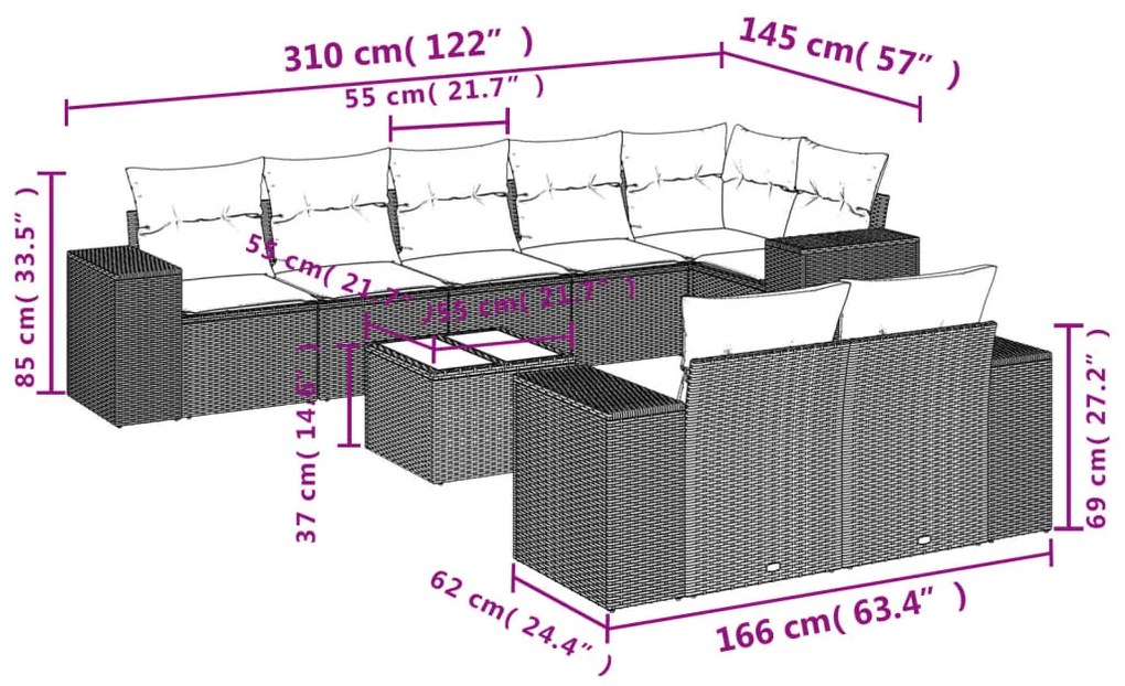 9 részes fekete polyrattan kerti ülőgarnitúra párnákkal