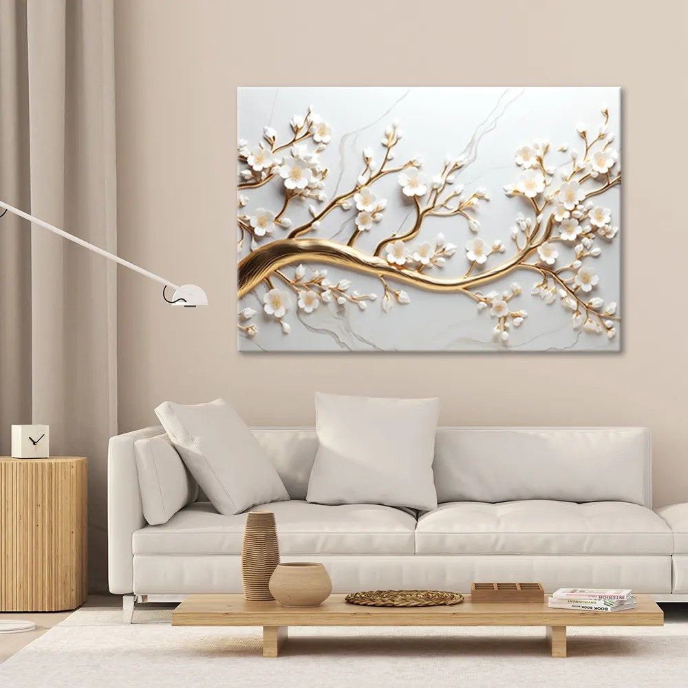 Gario Vászonkép Fehér virágok egy arany ágon Méret: 100 x 70 cm