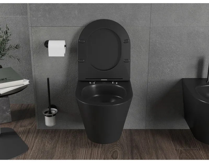 Mexen Rico, falra akasztható wc csésze 490x360x370 mm, Perem nélküli Tornado + duroplast wc ülőke, matt fekete, 30721085T