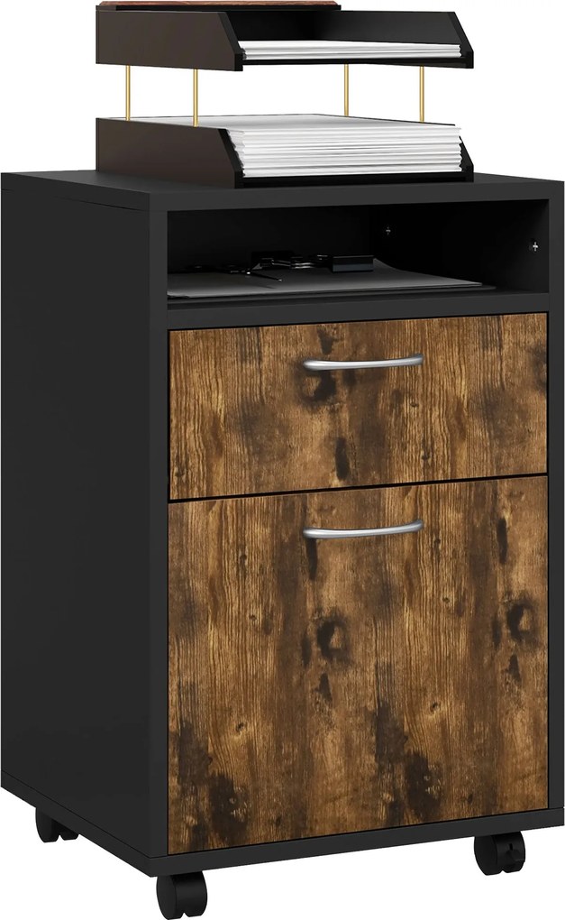 HOMCOM Irodai Dokumentumtartó Fiókos Szekrény 4 Kerekével, Nyitott Polccal és 2 Fiókkal, Fa és Fém Irodai Szekrény, 40x35x60 cm, Barna és Fekete | Aos
