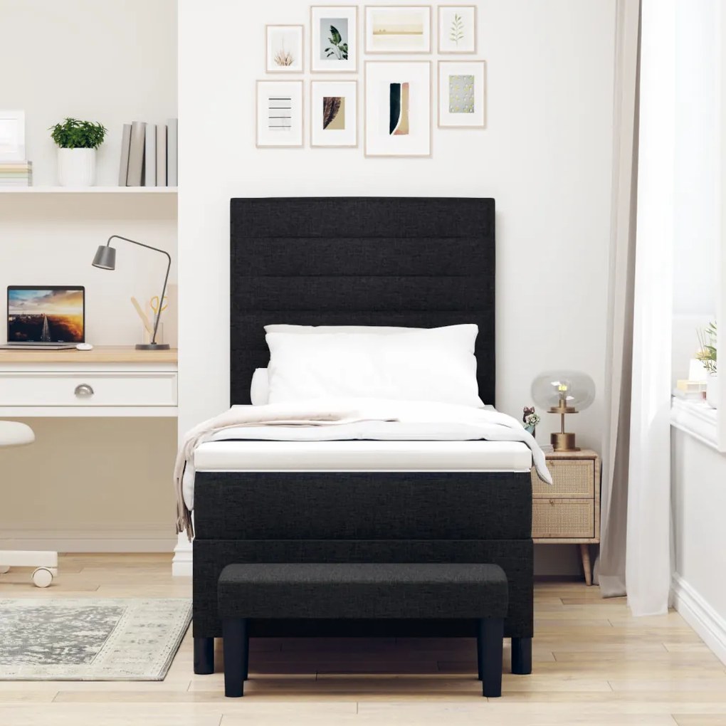Box Spring Ágy Matraccal és Padlóval Fekete 100x200 cm Szövet