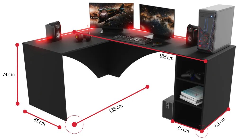 CARAMBOL sarok számítógépasztal + LED, 185x74x135, fekete, jobb