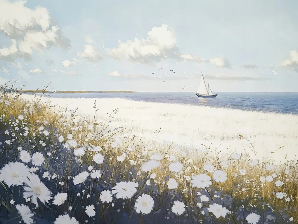 Vászonkép Canvas Tájkép Tengerpart Rét Virágok Tenger Csónak 100x75