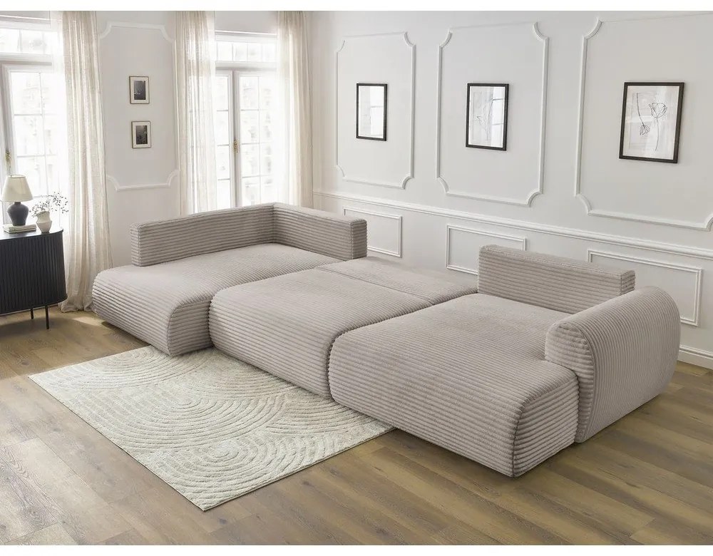 Világosszürke-bézs kordbársony kinyitható-tárolóhelyes sarokkanapé (bal oldali-U alakú) Lucien – Bobochic Paris