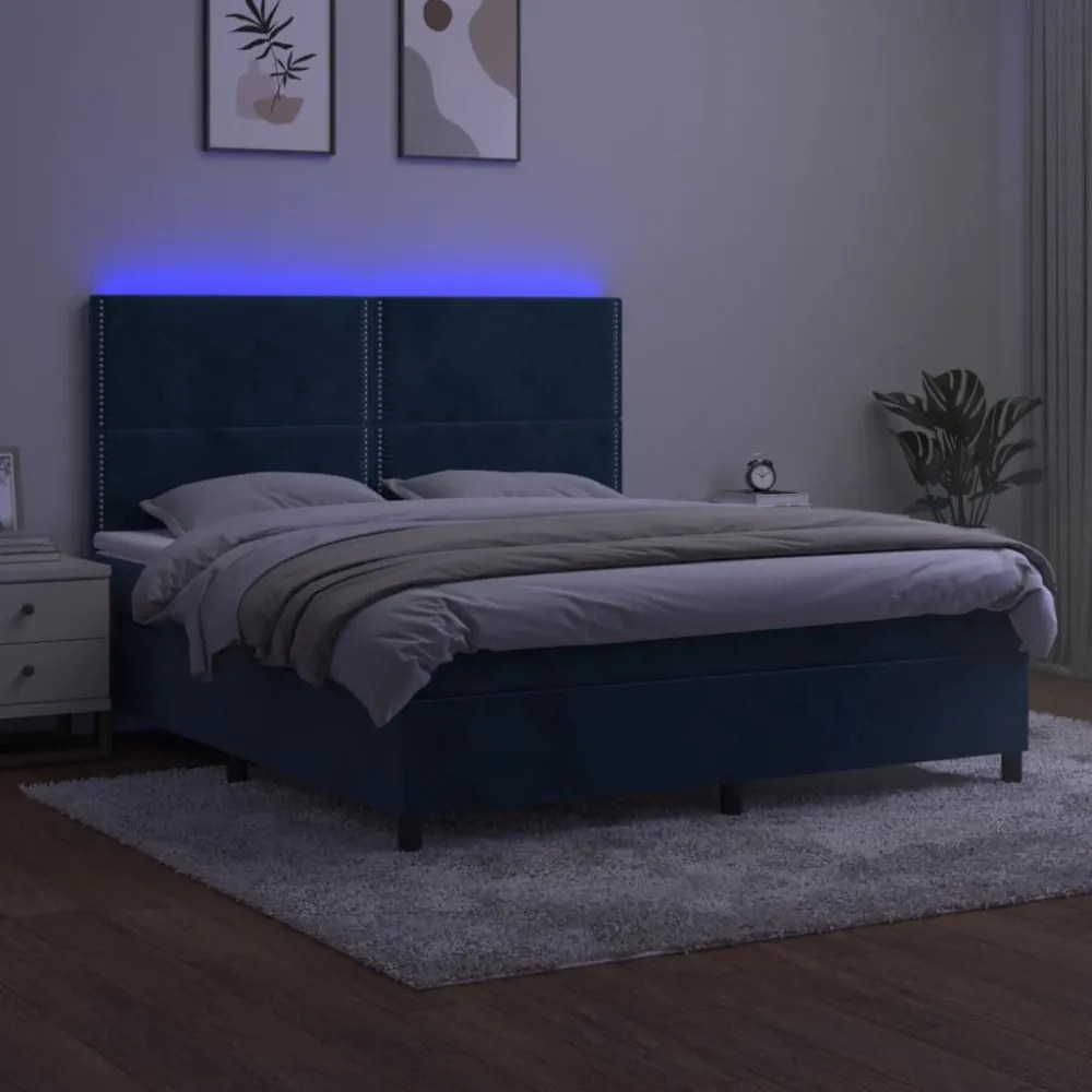 sötétkék bársony rugós és LED-es ágy matraccal 180x200 cm