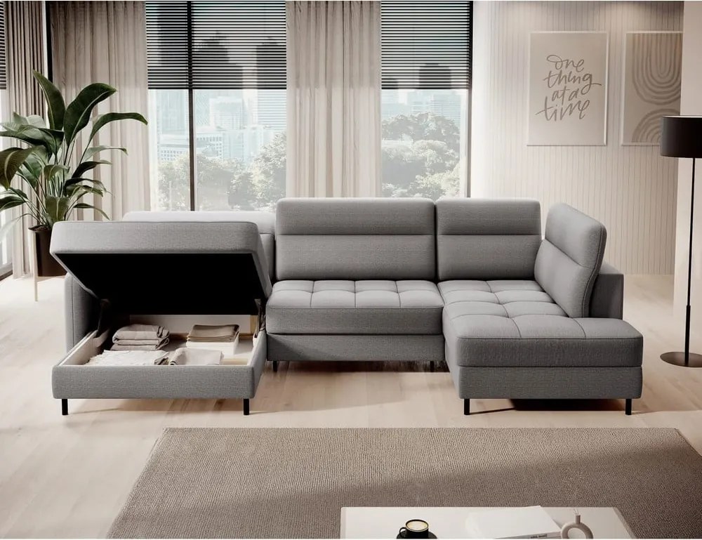 Világosszürke bársony kinyitható-tárolóhelyes sarokkanapé (jobb oldali-U alakú) Berrto – ELTAP