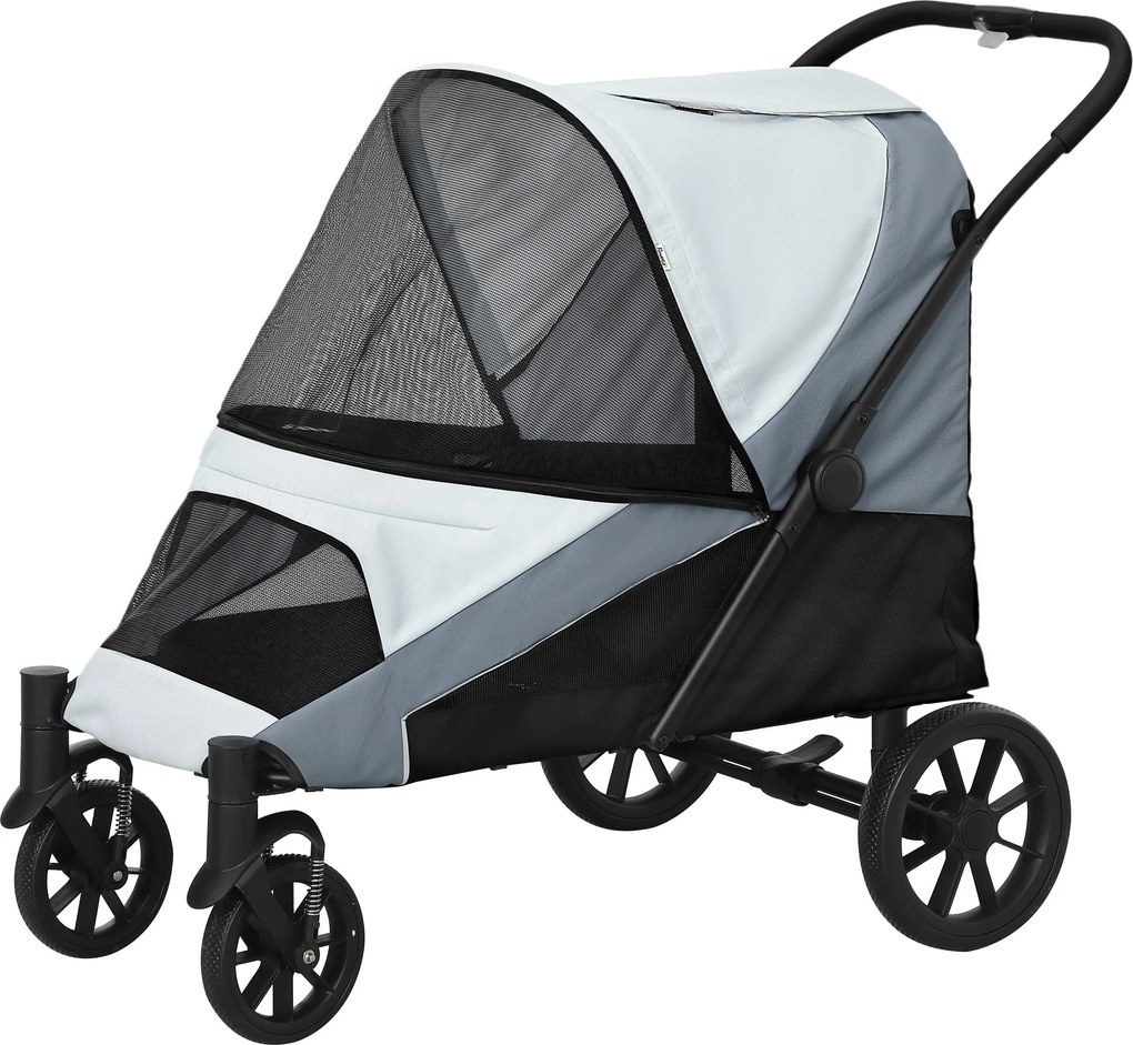 PawHut Összecsukható Kutya Buggy Nagy Kutyák és Macskák Számára 30 kg-ig, Kutyakocsi Párnával, Háló Ablakokkal, Ajtókkal, Tárolótáskával és Biztonsági