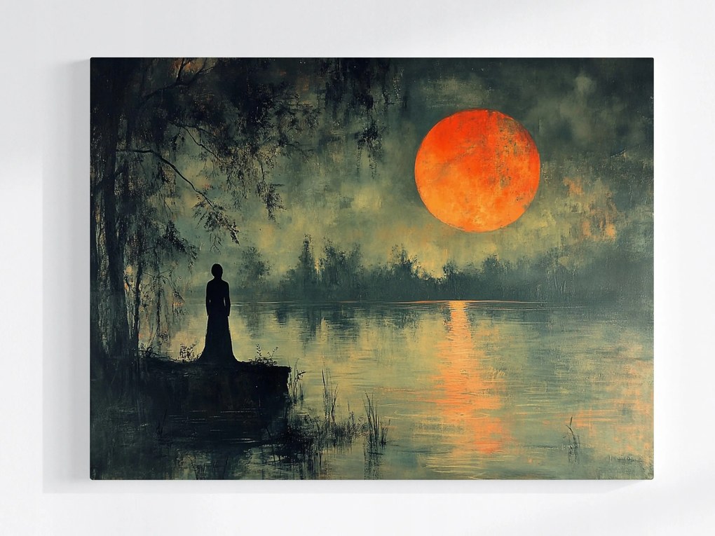 Vászonkép Canvas Tájkép Tó Hold Figura Nő Éjszaka 100x75