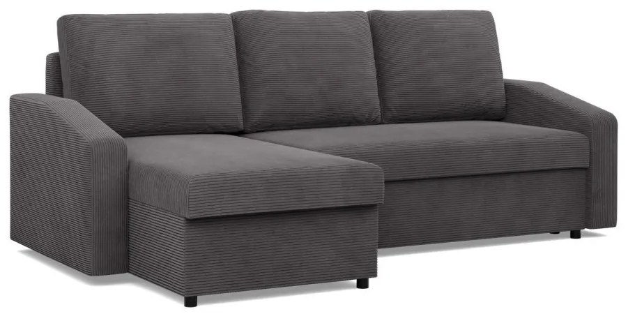 Zeus sarokkanapé, 2 ágyneműtartóval, döntött kartámasz, kordbársony, univerzális oldal, hab töltet, szürke