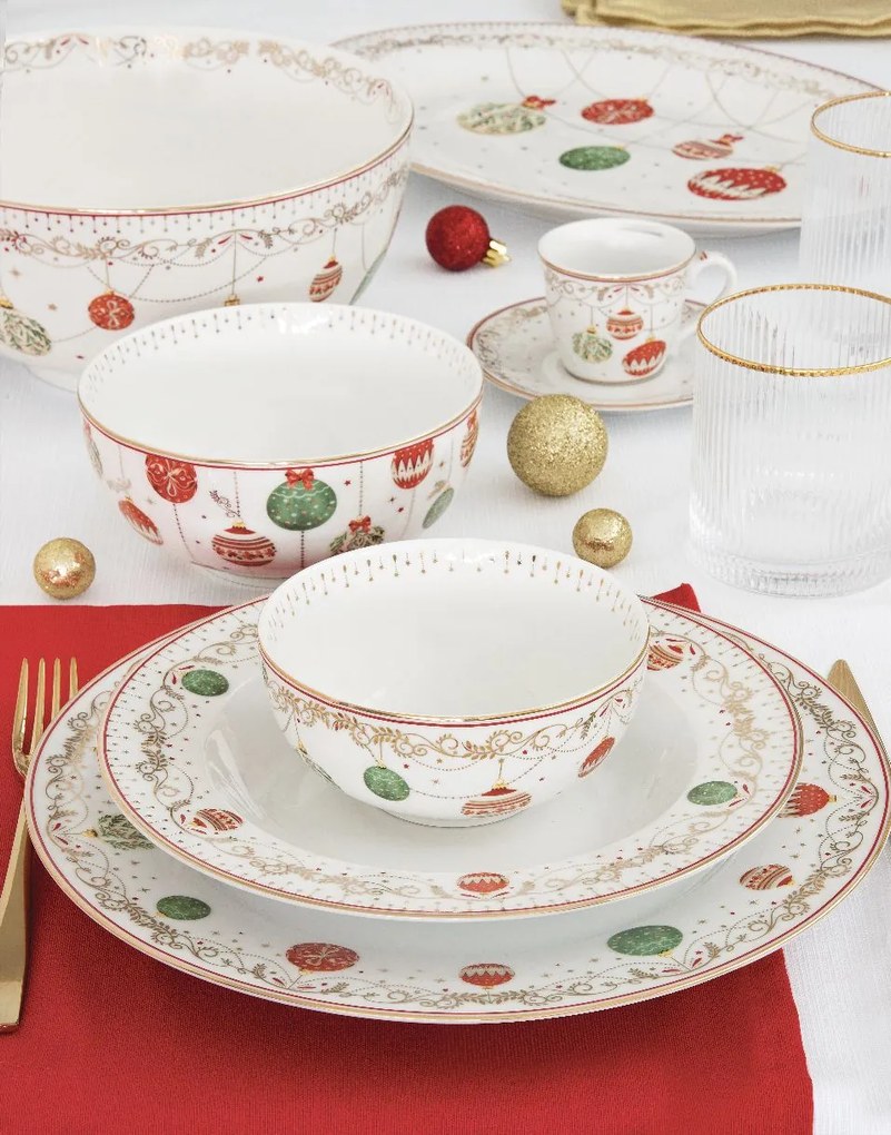 Karácsonyi gömbökkel díszített porcelán desszertes tányér Christmas Eve