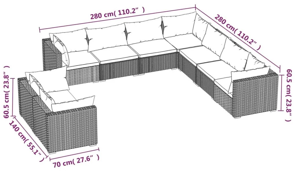 9 részes barna polyrattan kerti ülőgarnitúra párnákkal