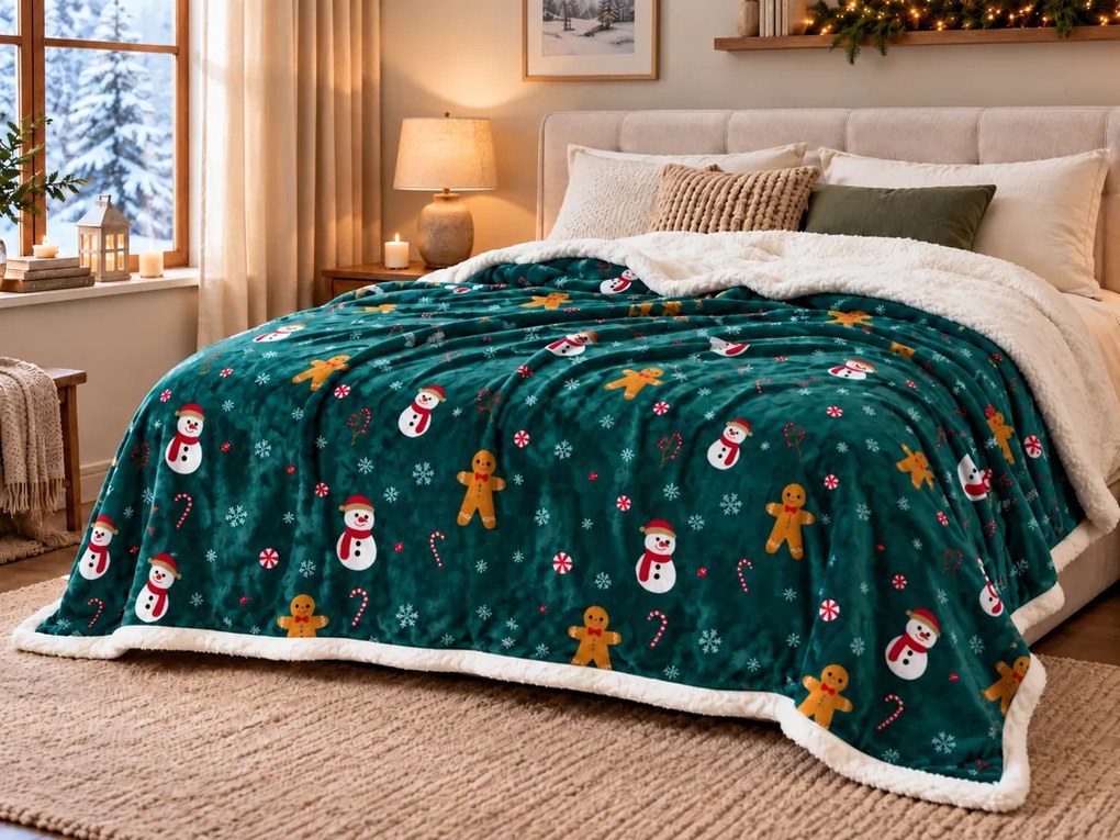 SNOWMAN AND GINGERBREAD karácsonyi sötétzöld mikroplüss báránytakaró Méret: 200 x 220 cm