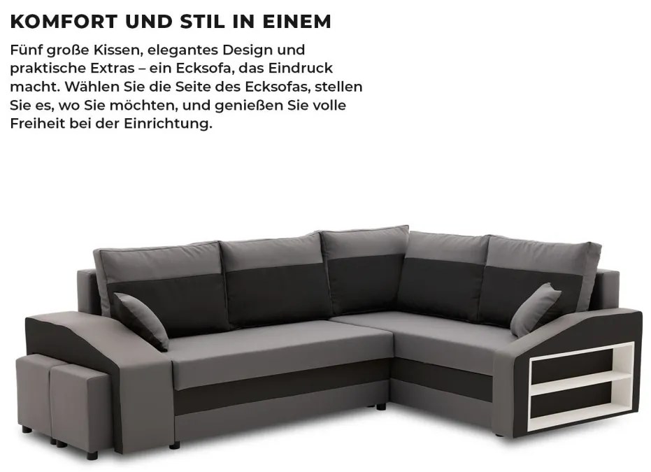 Grande sarokkanapé polcokkal és puffokkal , polc a jobb karfaban puffok a bal karfaban, jobboldali, szövet anyag, bonell töltet, szürke - fekete