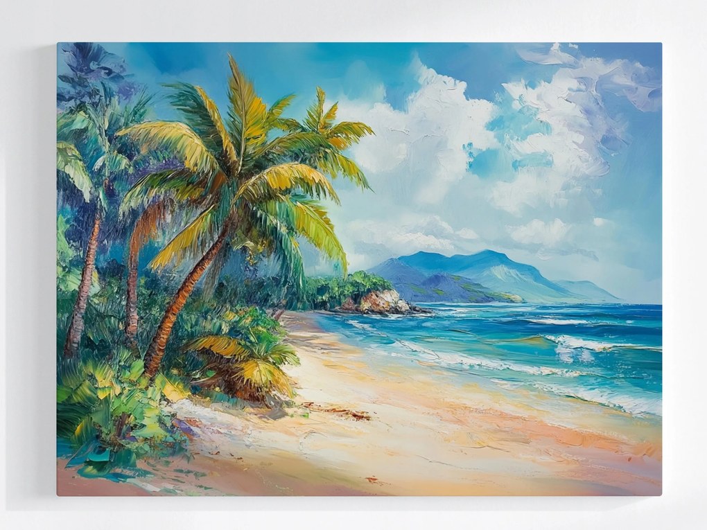 Vászonkép Canvas Olaj Egzotikus Tengerpart Óceán Pálmafák Hegyek 100x75