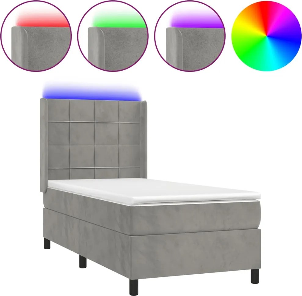 vidaXL világosszürke bársony rugós és LED-es ágy matraccal 80 x 200 cm