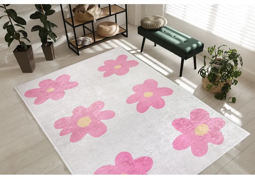 Rózsaszín-elefántcsont színű mosható futószőnyeg 80x200 cm Cute Flowers Pink – Vitaus