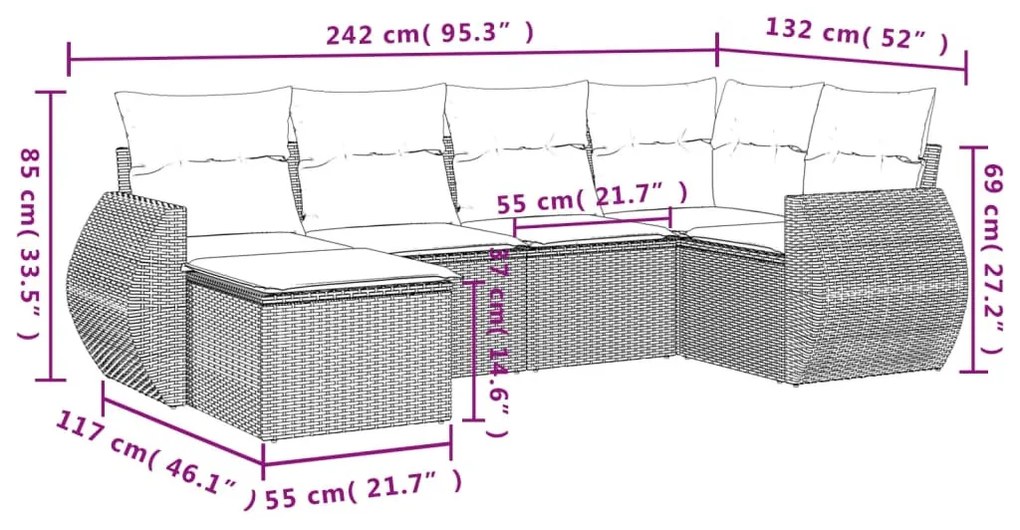 6 részes világosszürke polyrattan kerti ülőgarnitúra párnákkal